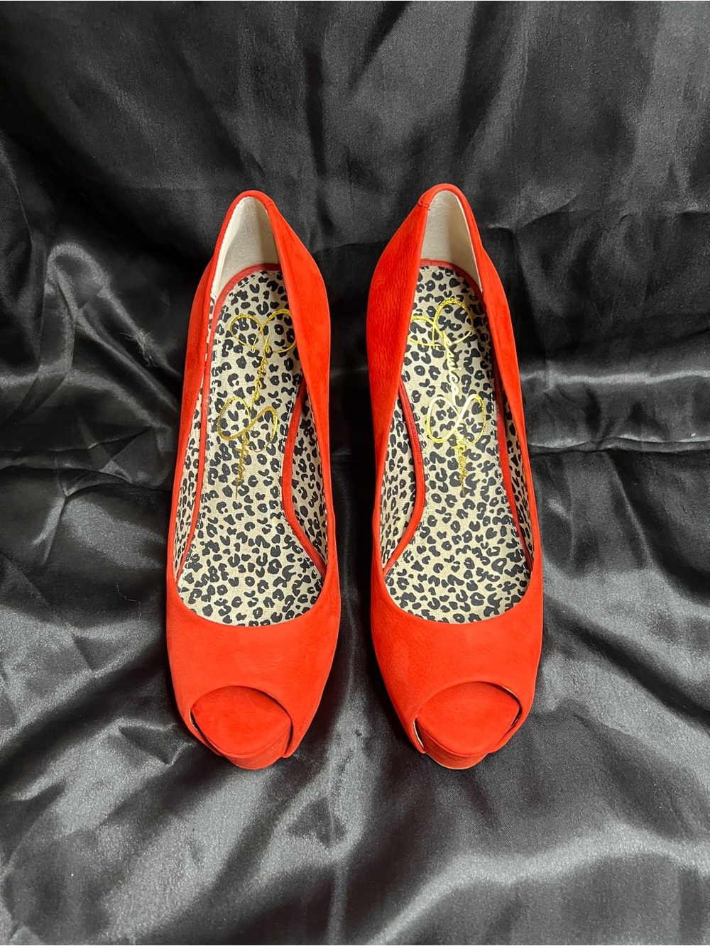 Jessica Simpson Red Orange Peep-Toe Pumps with Leopard Insole
